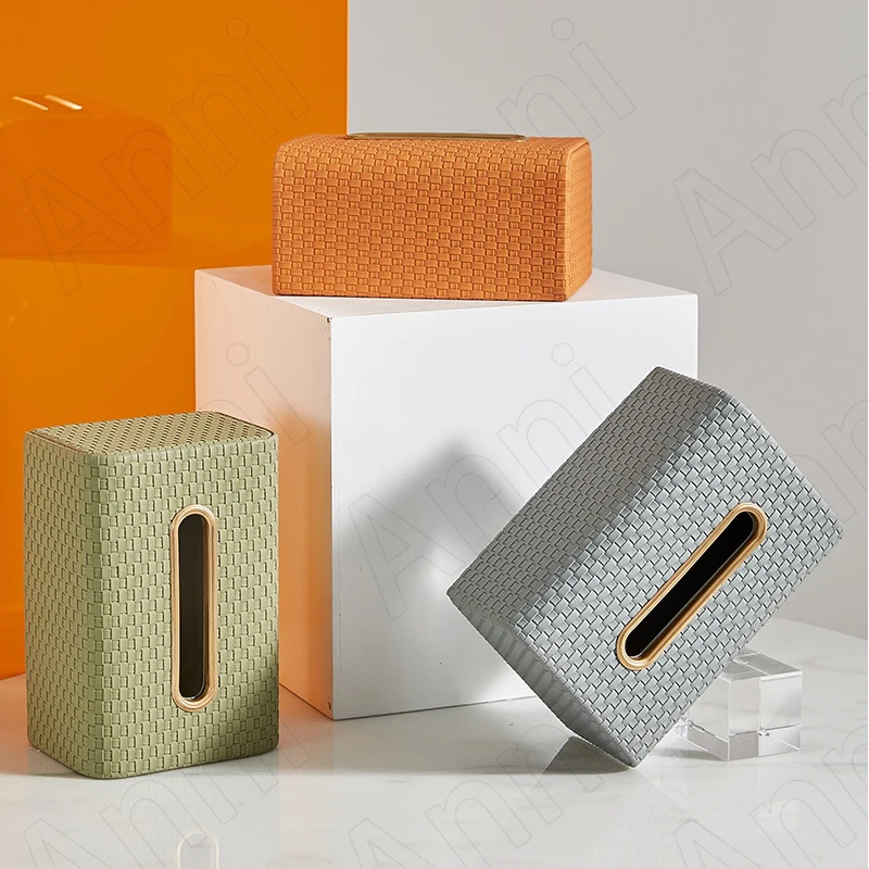 

Creativity Weave Texture Leather Tissue Boxes Nordic Modern Golden Stroke Desktop Paper Towel Storage Box Living Room Decoration