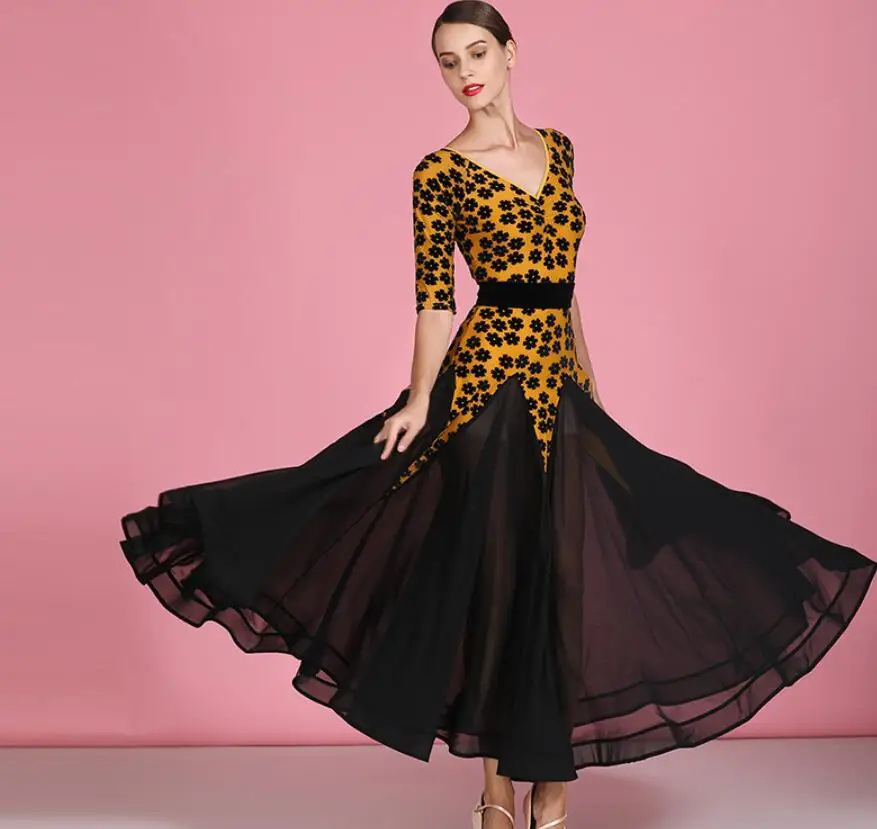 

ballroom ballroom dress 2019 ballroom dress woman competition standard ballroom dress yellow black flower print 1878