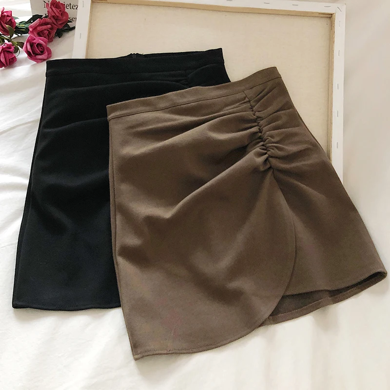 

Summer Women Korean Vintage Harajuku Pleated Skirt Irregular Casual Package Hip High Waist Mini A-Line Short Skirts Female