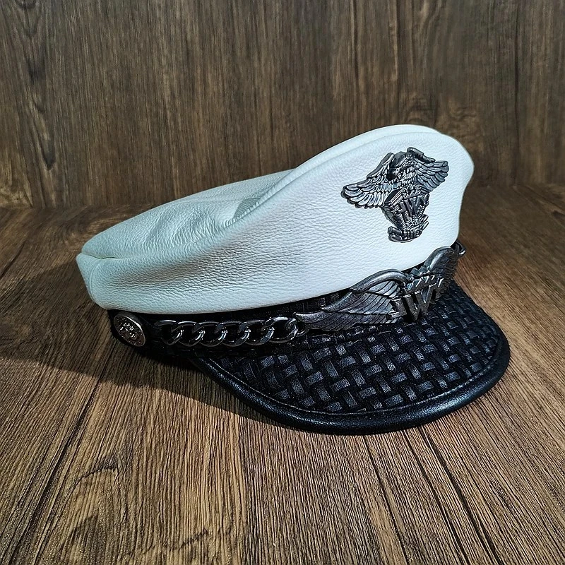 Luxurious German Navy Hat Men's Top Leather Retro Flat Peaked Caps Evil Ruffian Locomotive Short Brim Sailor Captain Beret