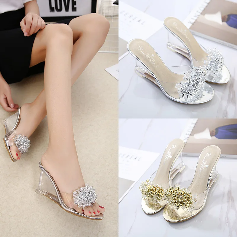 Women Wedge Slippers Sexy Crystal Transparent High Heels Sandals Glass Rhinestone Slippers Size 34-43 Sapatos De Mujer