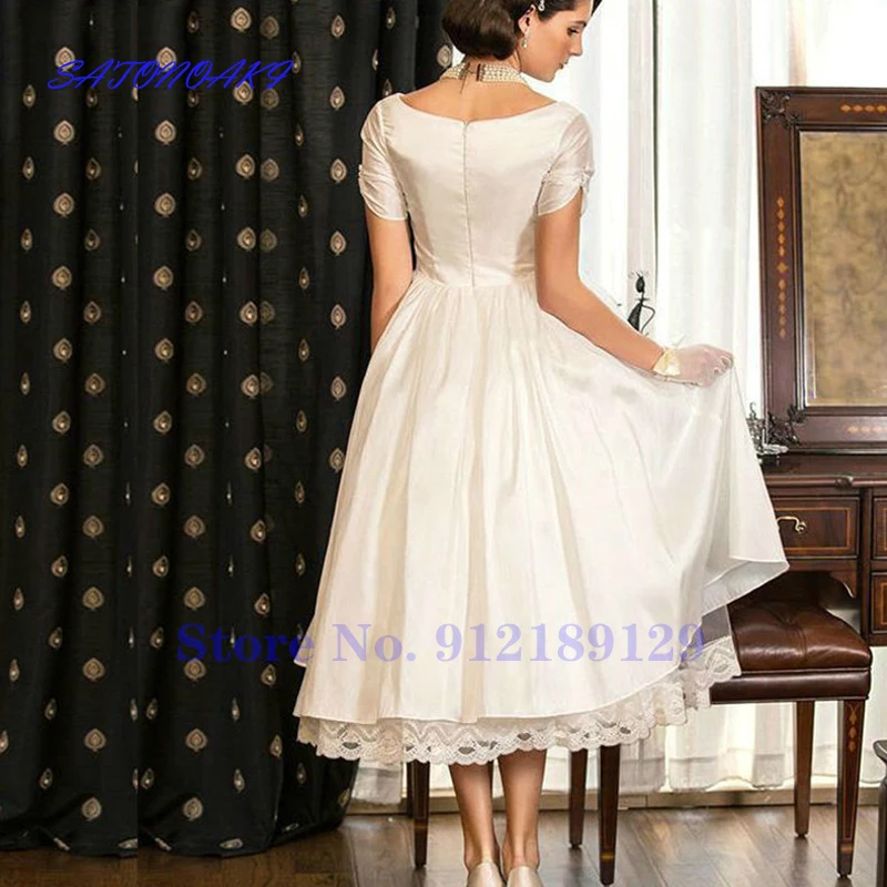 Vestido De Novia New Vintage A-Line Wedding Dress V-Neck Short Sleeve Tea Length Bridal Gown Robe De Mariée Sukienka Online Shop