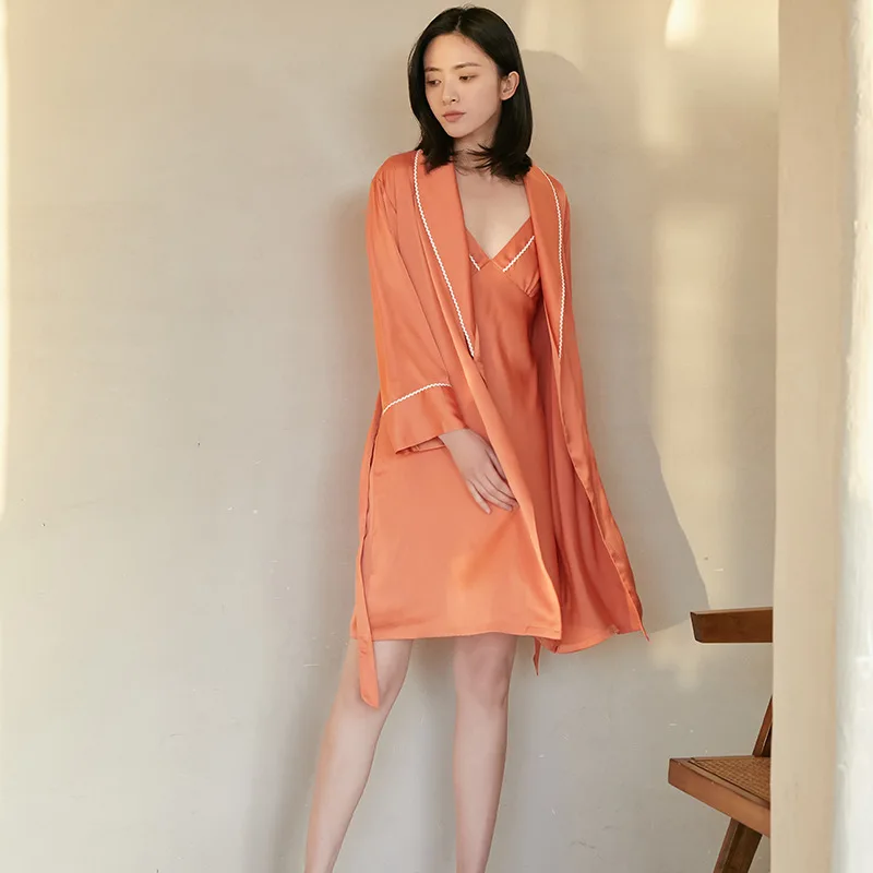 Satin Nightwear Long Sleeve Summer New Homewear Women Kimono Robe Set Sexy Lace Bathrobe Gown Novelty Orange Sleepwear