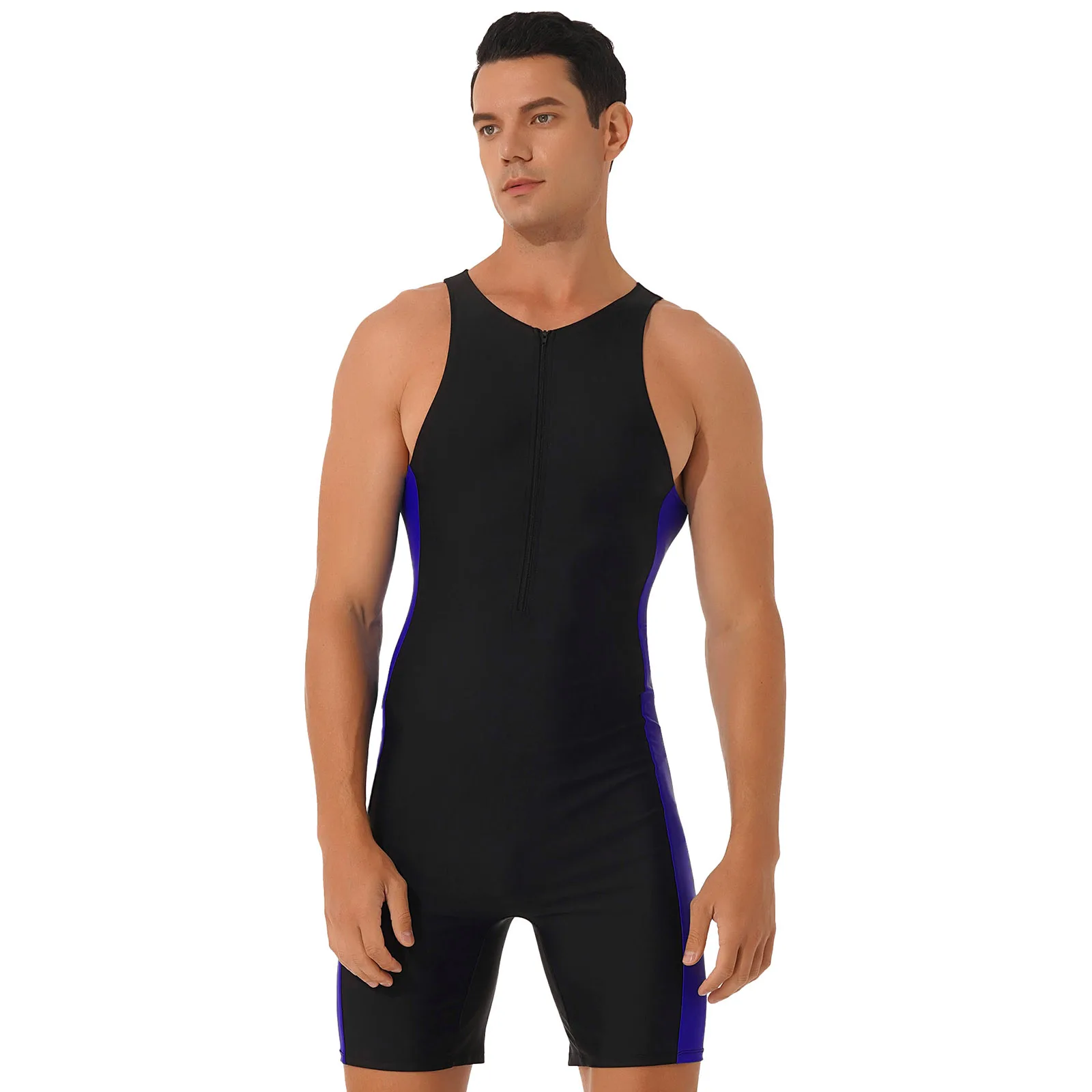 Mens One-piece Swimsuit Rashguard Swimwear Sleeveless Front Zipper Bodysuit Wetsuit for Beach Pool Swimming Surfing Bathing