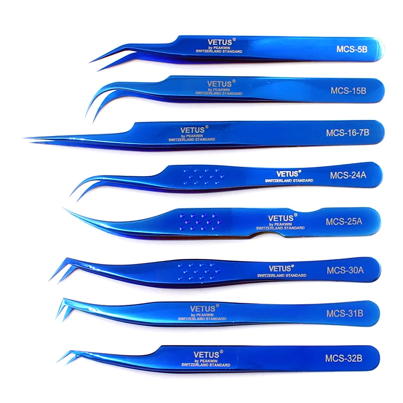 Stainless Steel Lash Tweezers For Volume Eyelash Extension Blue VETUS Tweezers High Precision Anti-static Beauty Makeup Tool