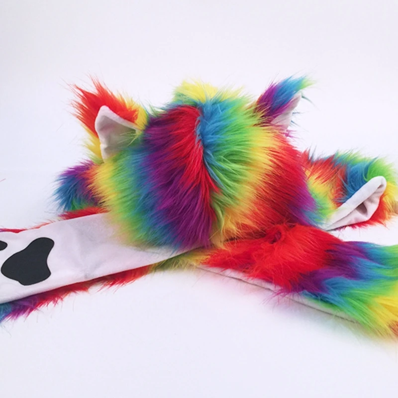 Women Rainbow Stripes Furry Animal Hoodie Hat Fluffy Plush Ears Paws 3 In 1 Earflap Cap Scarf Gloves Mittens Warmer