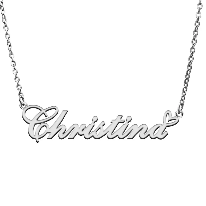 Christina Name with Love Heart Necklace for Women Stainless Steel Jewelry Nameplate Pendant Femme Mother Child Girls Gift