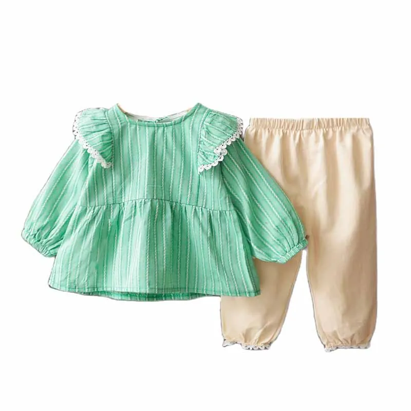 

2021 Hot Clothes For Kid Baby Girl Outfit Set Stripes Lace Collar + Long Khaki Lace Edge Trousers Children Clothing 0-5 Years