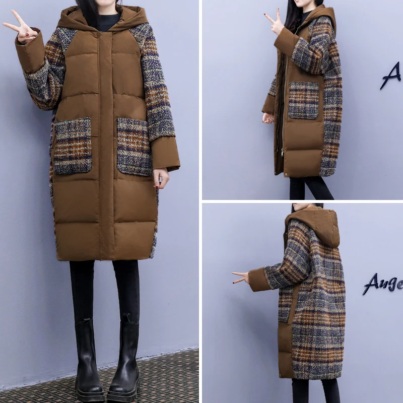 down Cotton-Padded Coat Patchwork Wool Coat New Winter Clothes plus Size Women\'s Clothing Plaid Woolen Patchwork Cotton-Padde