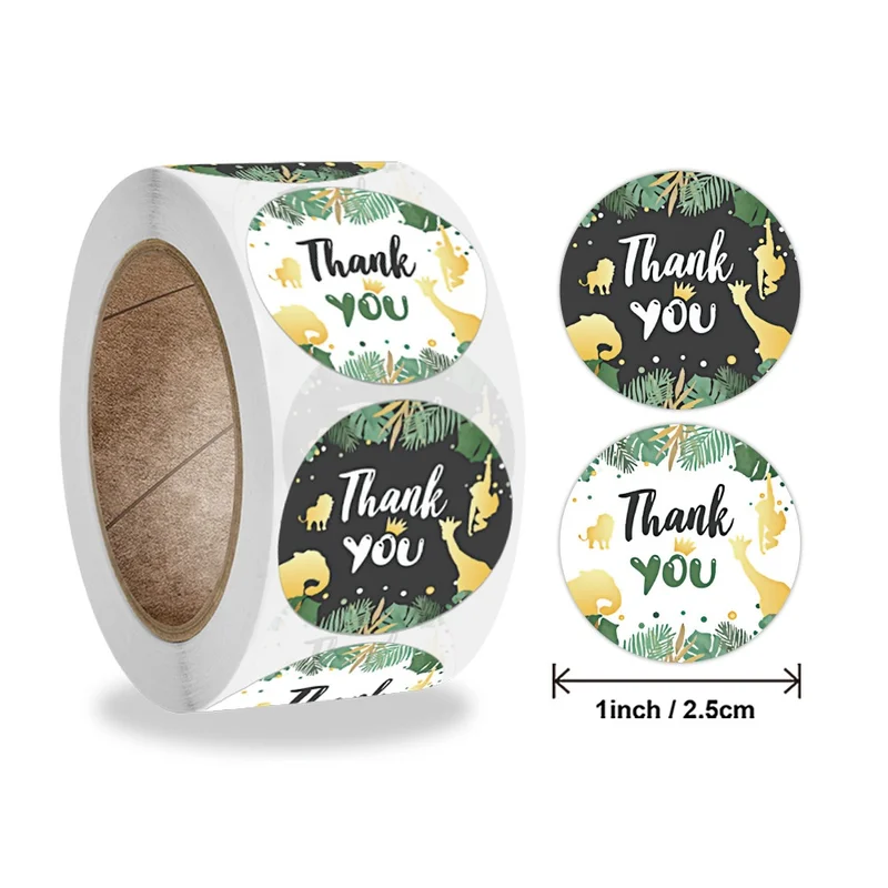 500 sheets/roll Thank You Stickers Jungle Safari Sticker Baby Shower Bag Packaging Sealing Label Flower Birthday Party Decor