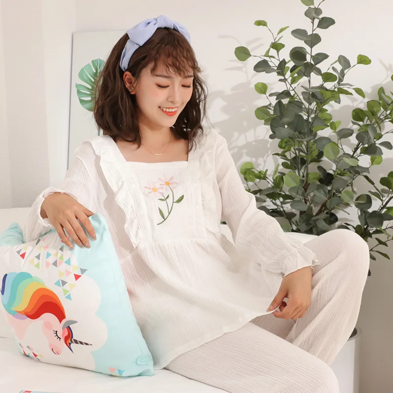 

2024 Autumn Cotton NightWear Prenatal+Postnatal Nurning Pajamas For Nursing Mothers Pijamas Maternity Breastfeeding Sleepwear