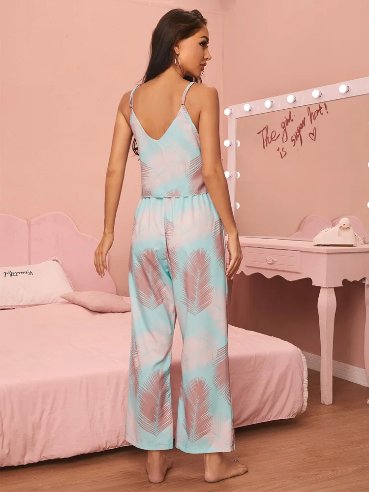 Tropical Print Pajamas Set Ruffle Hem Loungewear Satin Cami Top and Panty Tie Front Sleepwear Soft Home Suit