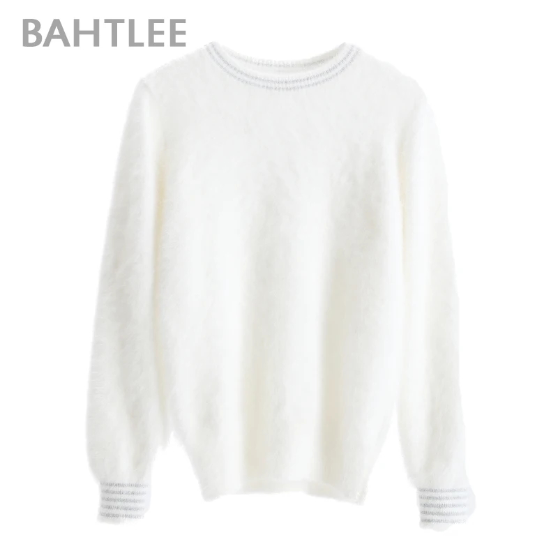 BAHTLEE-Women\'s Angora Wool Sweater, Knitted Jumper, Long Sleeves, O-Neck, Silver Wire Suit, Basic Style, Autumn, Winter