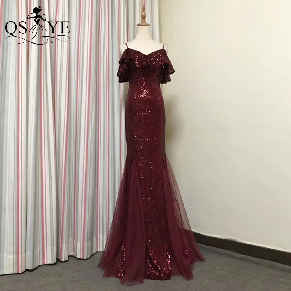 

QSYYE Burgundy Mermaid Evening Dresses Long V Neck Cheap Prom Gown Spaghetti Straps Elegant Party Dress Sparkle Ruched WomenGown