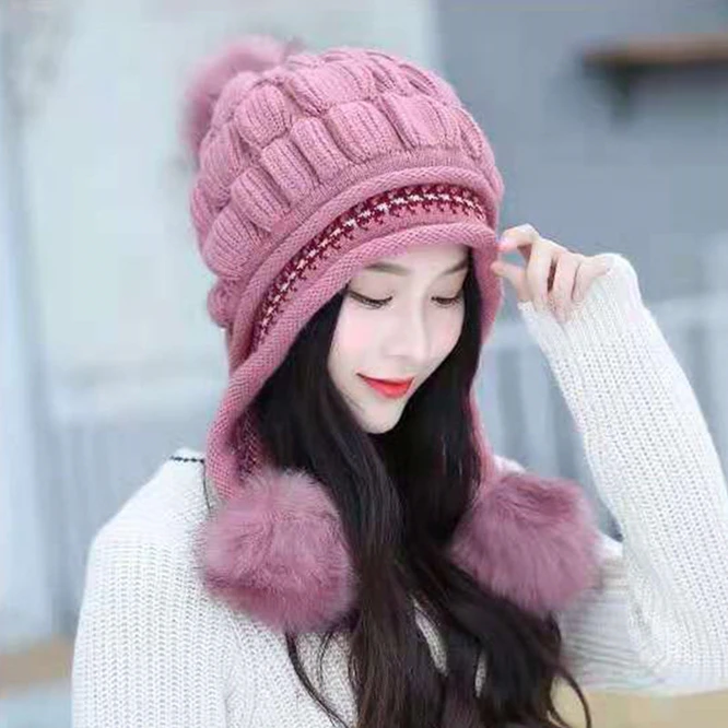 Winter Ear Protection Knitted Hat Women Fashion Plush Thickened Girl Outdoor Hat Warm  Ball Bubble Fluffy hat Pink