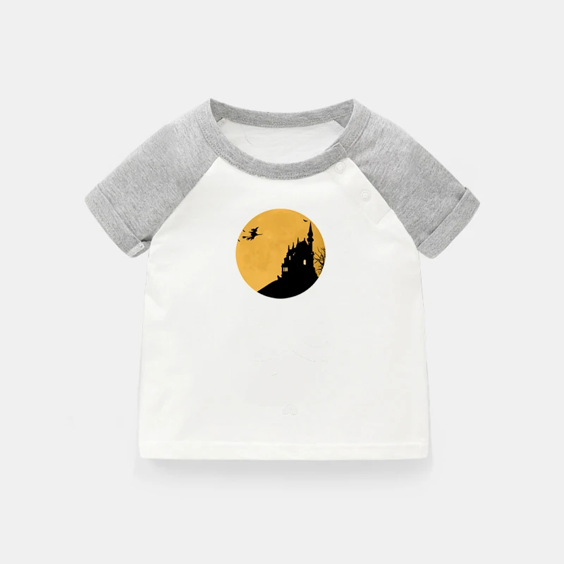 

Halloween Wicked Witch Castle Broom Design Newborn Baby T-shirts Toddler Graphic Raglan Color Short Sleeve Tee Tops