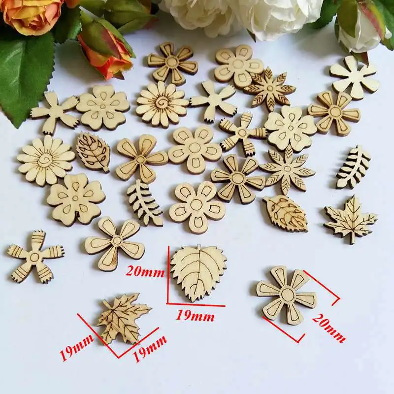 100pcs/lot Wood Chips mix Flower For Kids Handcrafts Scrapbooking Decor DIY Wood Craft Embellishment Supplies Making