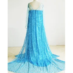 Fashion Women Princess Long Maxi Dress Anime Movie Blue Sequined Cosplay Costume Mesh Patchwork Floor Length Evening Dress