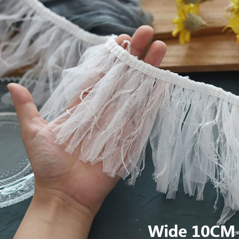 10CM Wide White Glitter Sequins Mesh Tassel Embroidered Lace Collar Trim Ribbon Dress Guipure Apparel DIY Sewing Fringe Decor