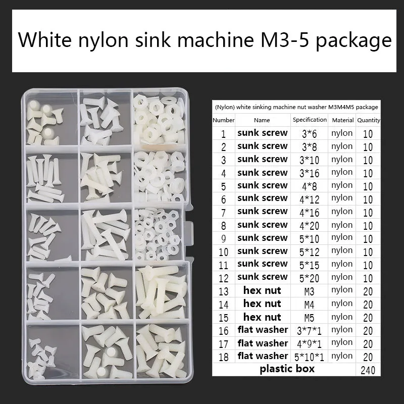 LANEJOY DIY Box Sunk Screws 6-20mm,M3M4M5 Hex Nuts, Flat Washer,White Nylon Sinking Machine M3-5 Set 240pcs