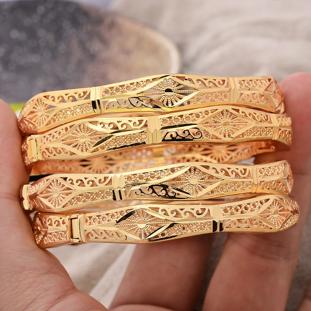 

4Pcs/lot Dubai Gold Color Bracelet Bangles For Women Girls Islamic African wedding Jewelry Bride Flower Bracelet For women