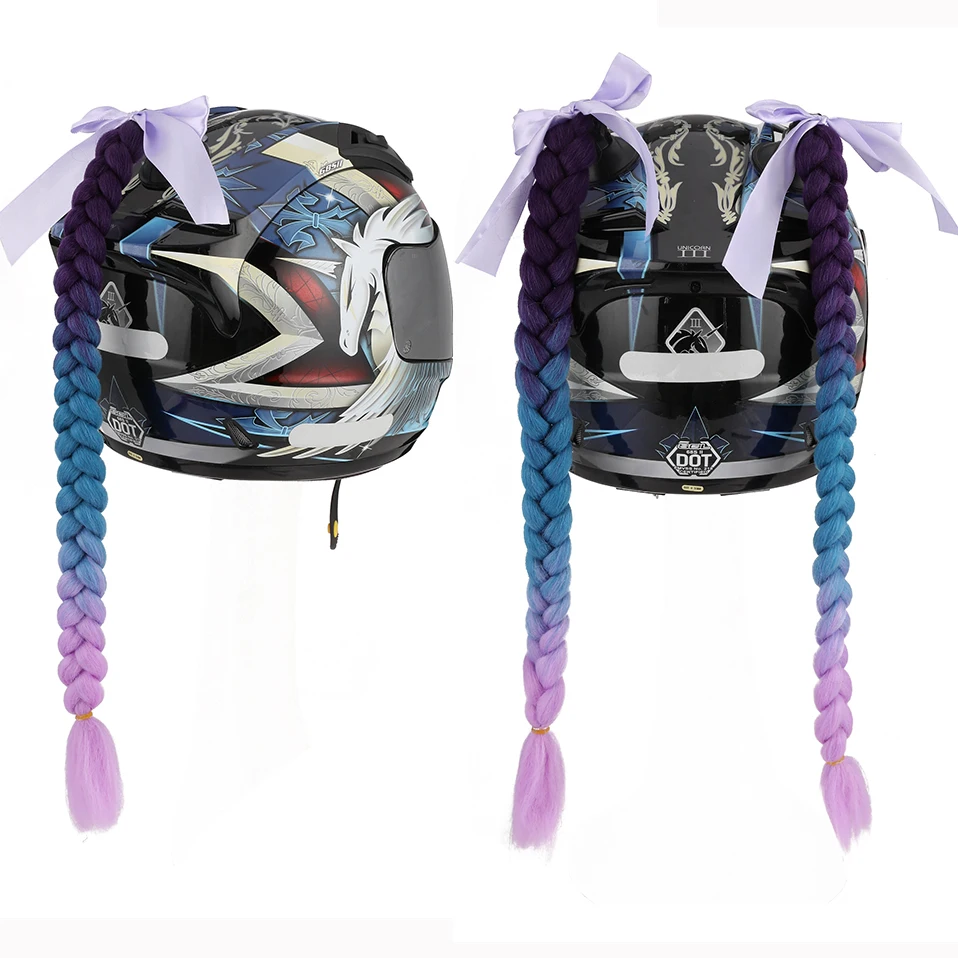 Benehair Helmet Pigtails Gradient Ramp Helmet Braids Ponytail Hair with Suction Cup with Bowknot for Motor Bike 1PCS 20inch