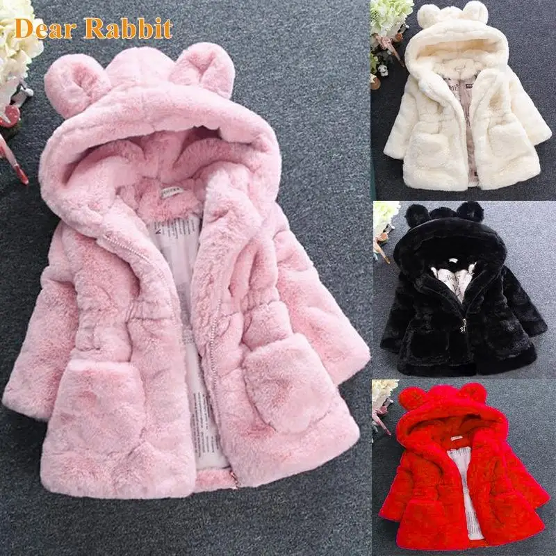 New spring Baby Girls Clothes Faux Fur Coat Fleece Jacket Warm Snowsuit 1-7Y Hooded parka Children's Outerwear autumn clothing