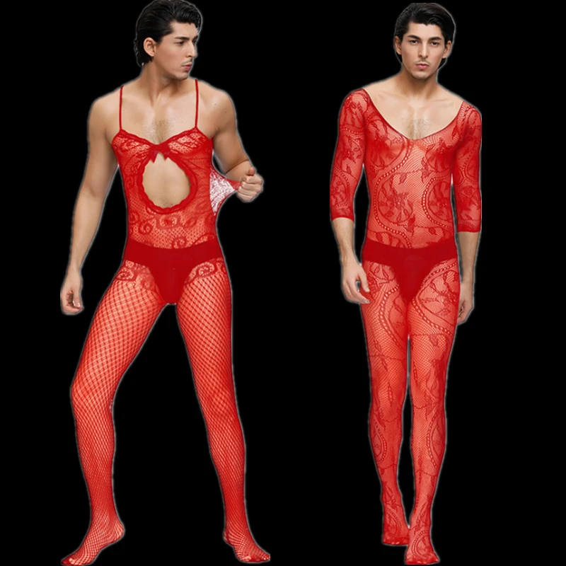 

Red Sleepwear Men's Bodystockings Man Fishnet Bodysuits Crotchless Jumpsuit Male Exotic Nightwear Sex Lenceria seksowna bielizna