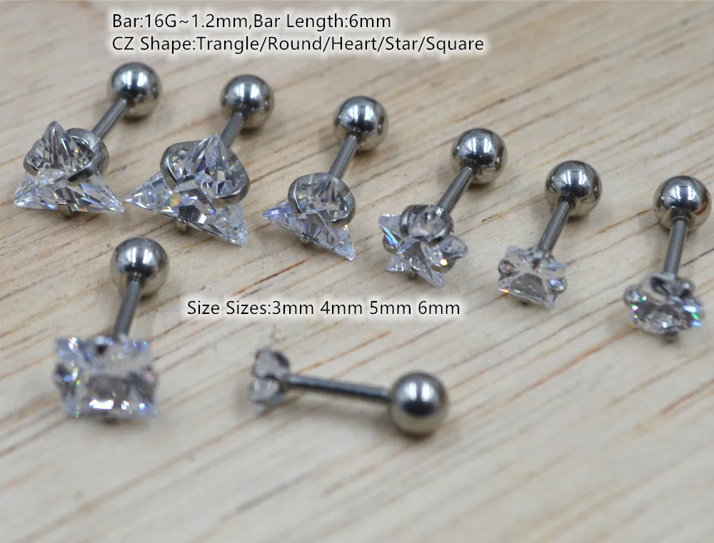 

50pcs Body Jewelry Piercing 16G Round/Heart/Star/Square/Trangle CZ Gems Earring Ear Helix Bar Lobe Cartilage Tragus Diath Studs