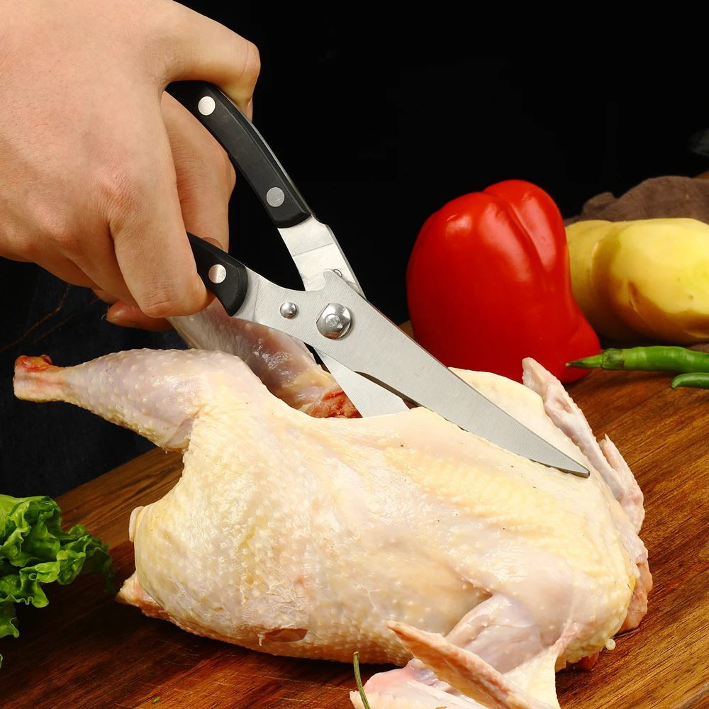 WAK Kitchen Power Scissors for Fish Meat Cutting Stainless Steel Shear Chicken Bone Scissors Black Handle Scissors Festival Gift