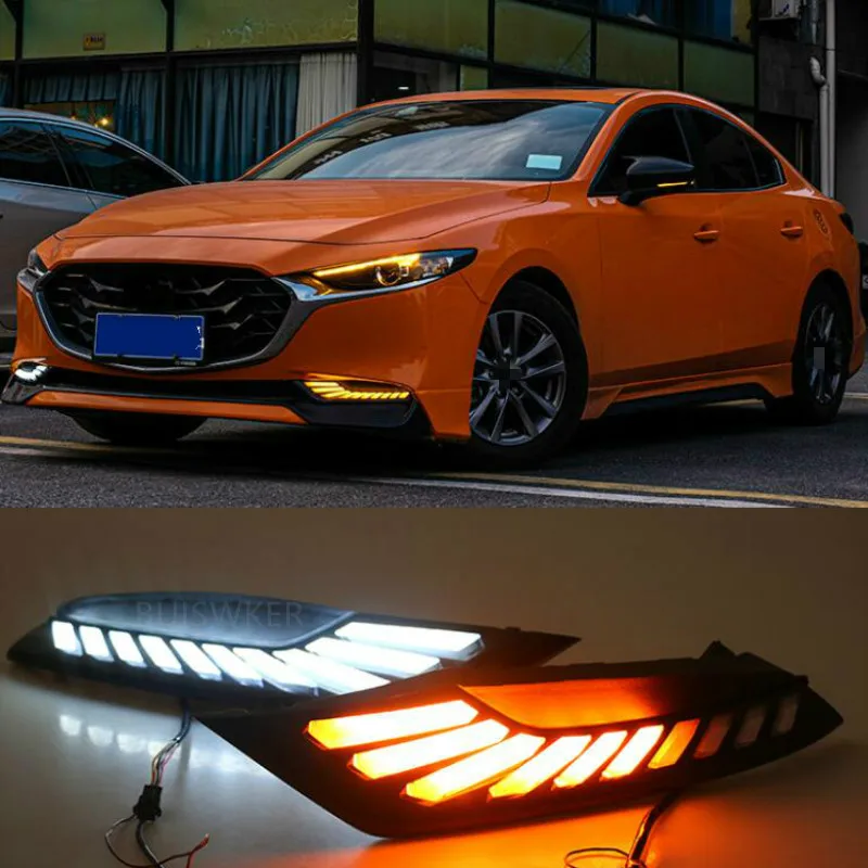 2Pcs DRL for Mazda 3 Axela 2019 2020 LED car Driving daytime running light fog lamp with flow yellow turn Signal