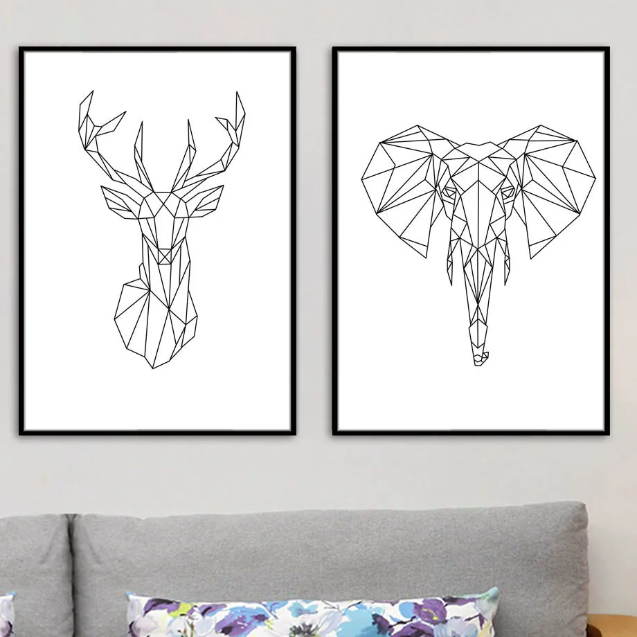 Wall art canvas painting geometry deer elephant heart nordic poster and print black and white white living room decorative paint