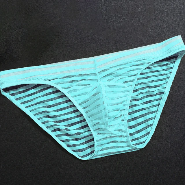 Men\'s Sexy See-through ice silk men underwear Briefs Mesh Sheer Pouch Stretchy striped Panties Transparent Thin Thongs Lingerie