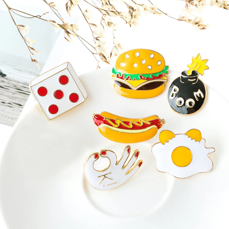 Food Lapel Pins Hamburgers Hot dog Poached egg Dice OK BOOM Brooches Denim Jeans Enamel Pin Buckle Shirt Badge Fashion Kids Gift