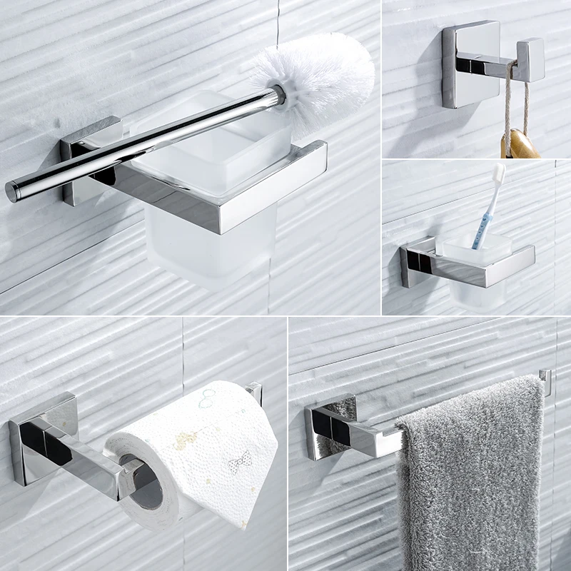 

Bathroom Accessories Stainless Steel Polished Square Paper Holder Toilet Brush Holder Robe Hook Toilet Brush Holder Towel Ring