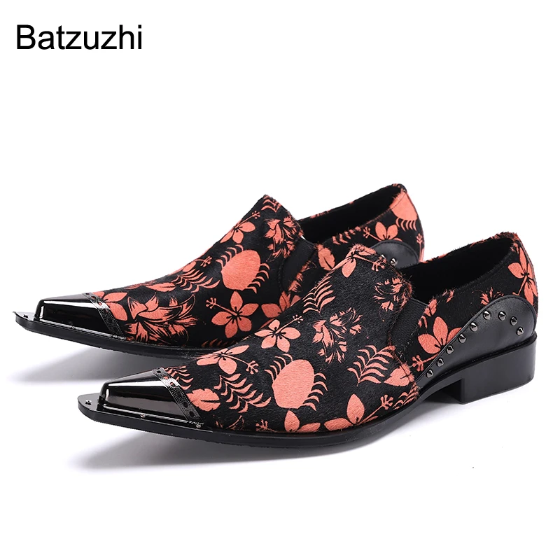 

Batzuzhi Italian Type Formal Leather Dress Shoes Men Pointed Iron Head Black Print Flowers Business Leather Shoes Male, 38-46