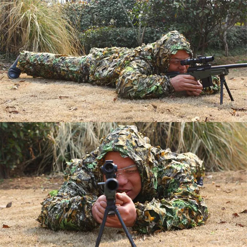 Sniper CS kamuflaż bioniczny garnitur mężczyźni 3D Maple Leaf kombinezony dla myśliwych dżungli biały pustynia Mesh polowanie ubrania obserwacja