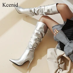 Kcenid-Bottes Hautes Argentées et Dorées pour Femme, Chaussures de ix, sulf, Plissées, Pointues, à Talons Hauts Fins, Automne Hiver