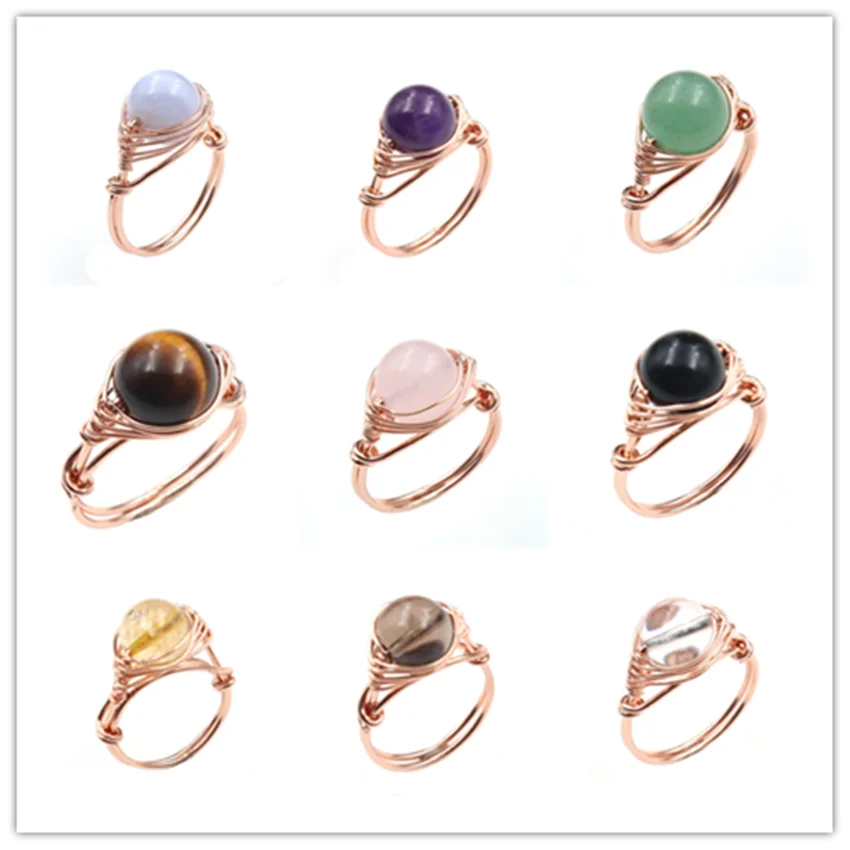 FYJS Unique Light Yellow Gold Color Wire Wrap Round Beads Tiger Eye Stone Resizable Finger Ring Citrnes Jewelry