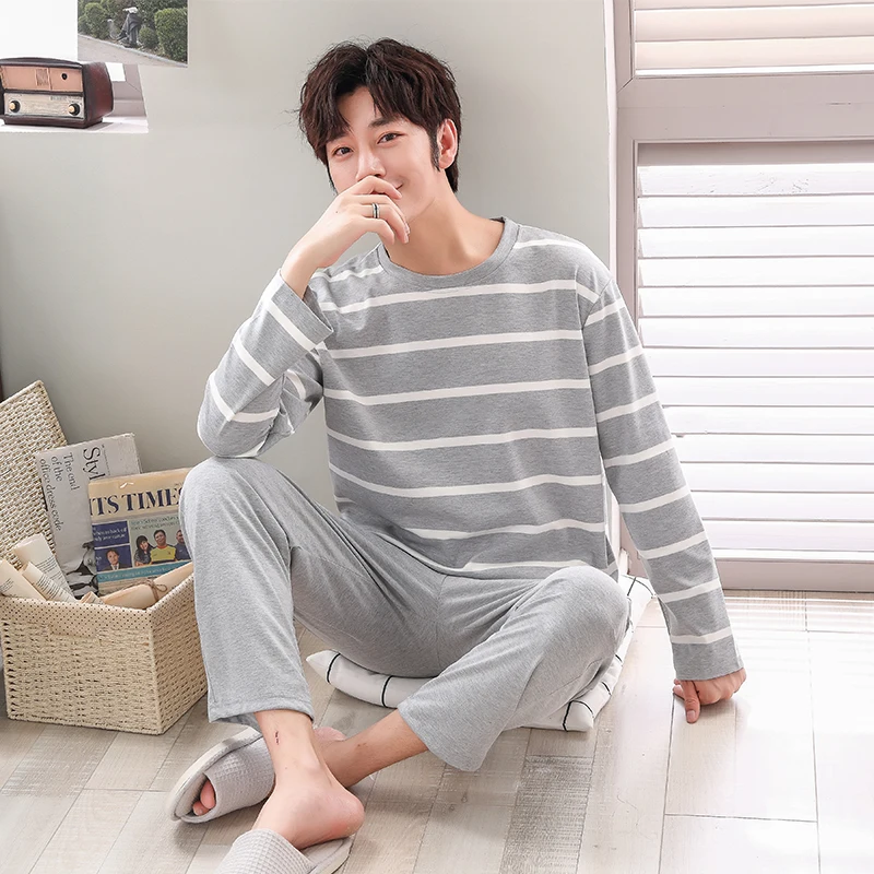 

Pajamas Sets Male Striped Full Pure Cotton Carton Fashion Men Long Sleeve Sleepwear Suit 2 Pieces Casual Spring Home Lounge Gift