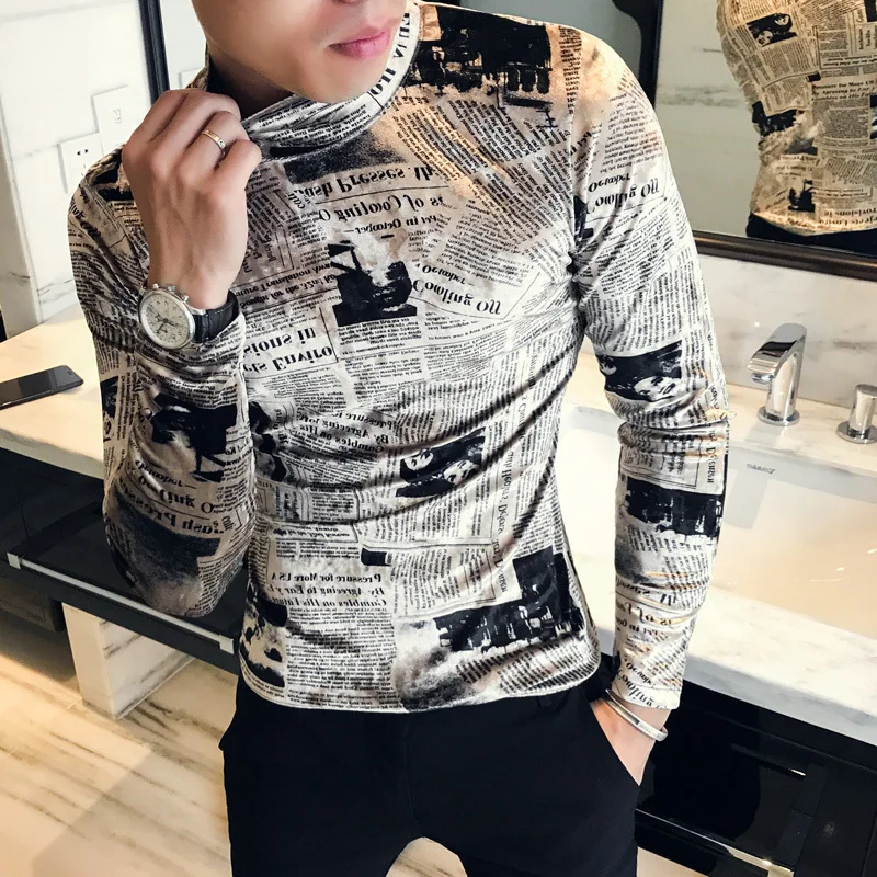 Newspaper Turtleneck Tshit Homme Royal Slim Fit Velvet Print Tshirt Long Sleeve Autumn Winter Men Club Party Tee