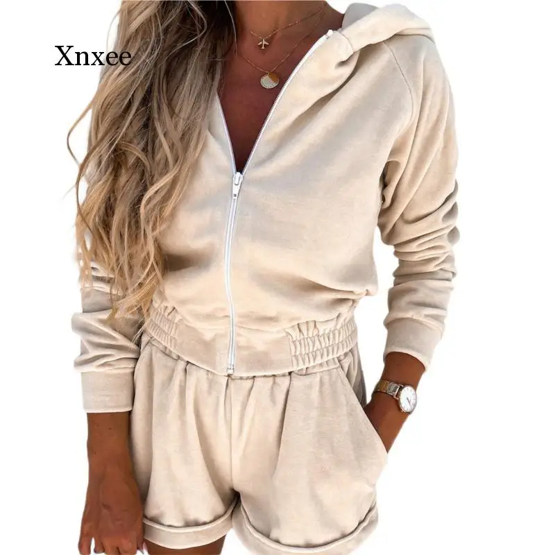 Women's Fashion 2-Piece Autumn Suit Long-Sleeved Solid Color Zipper Hoodie + Wide-Leg Shorts Suit