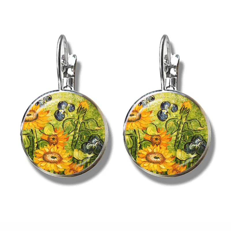Retro Van Gogh Art Starry Night Sunflower Stud Earrings 16mm Glass Cabochon Dome Silver-plated Earrings Jewelry For Women Girls