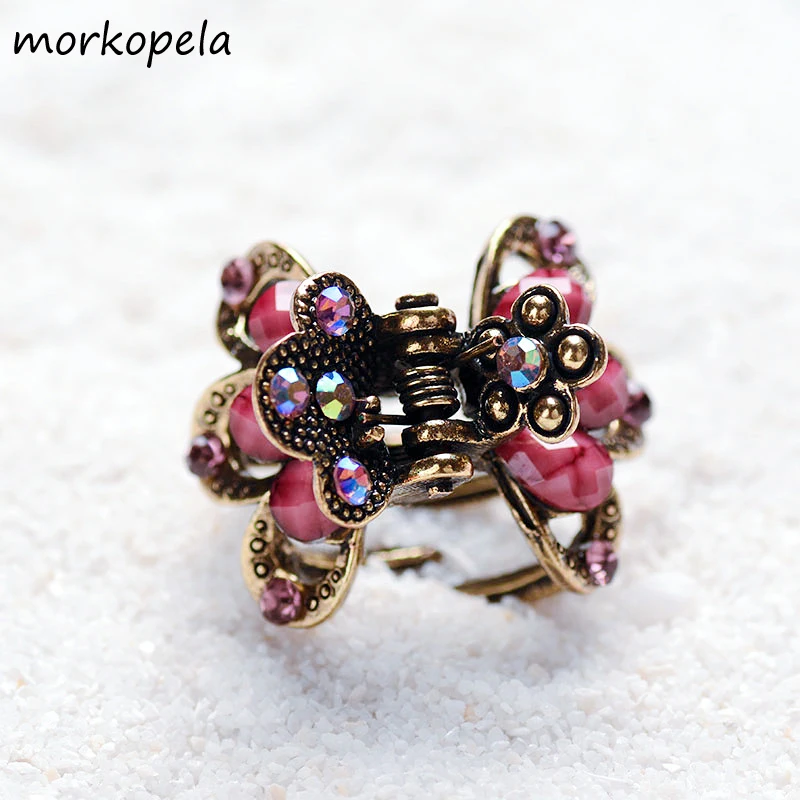 Morkopela Small Flower Hair Clip Vintage Rhinestone Hair Claw Mini Hair Pins For Women Metal Hair Accessories Gift