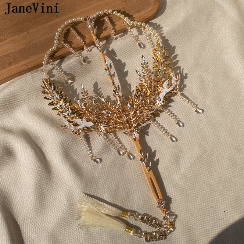 JaneVini Luxury Crystal Chinese Bridal Bouquet Fan Handmade Flowers Hollow Metal Fans Beaded Tassels Wedding Jewelry Accessories