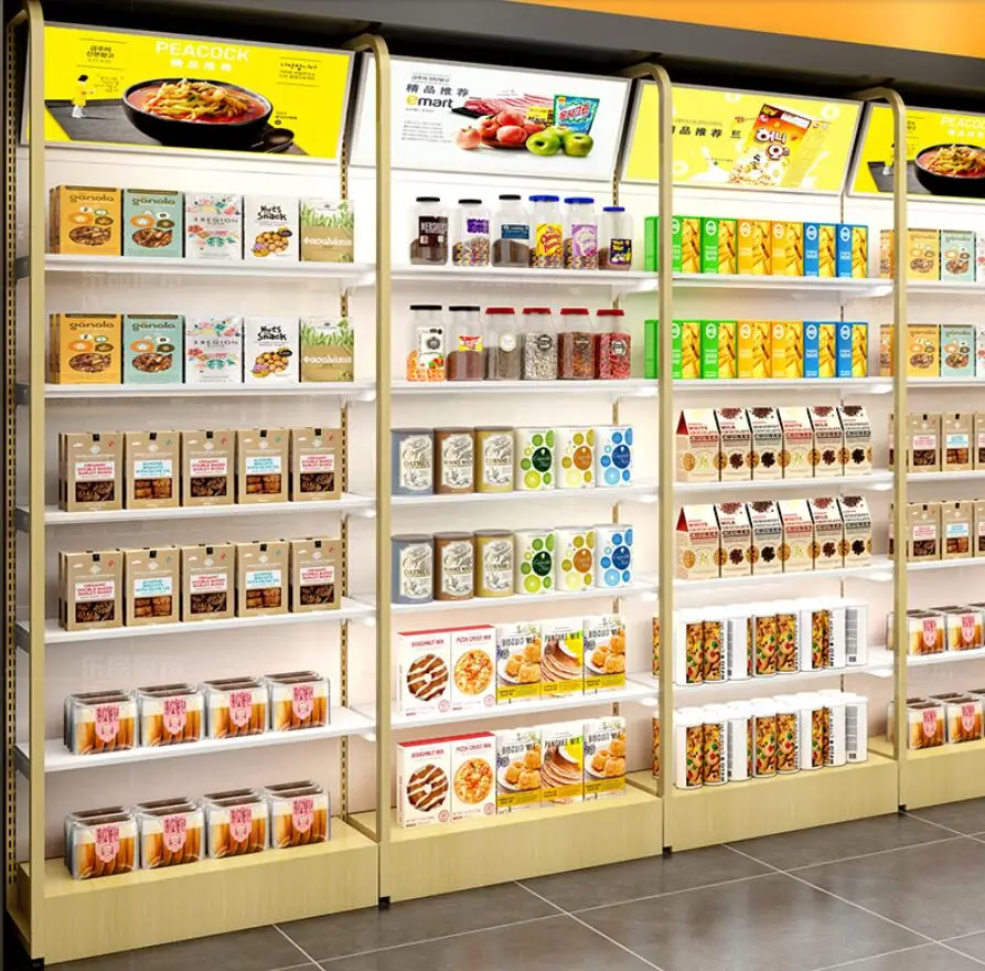 

Steel and wood shelf of new supermarket convenience store