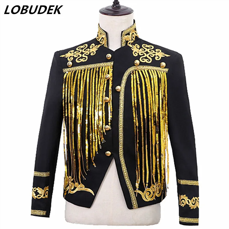 Men\'s Sequin Tassel Court Jacket Golden Black Fringe Slim Coat Bar Nightclub Male Singer Chorus Dancer Performance Stage Costume