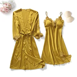 Roupão de cetim quimono feminino com peito, camisola feminina, terno amarelo, conjuntos de camisola outono, vestido de banho, roupa de dormir, 2 peças