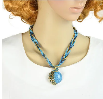 Natural Stone Peacock Necklaces Thick Twisted Beads Chain Ethnic Boho Bohemian Style Pendant Necklace for Women