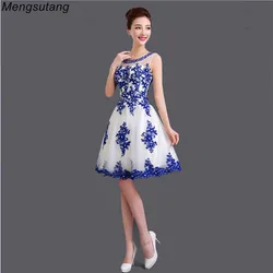 Robe de soiree short Lace up U collar Blue & white porcelain blue bridal evening dress vestido de festa prom dresses customized